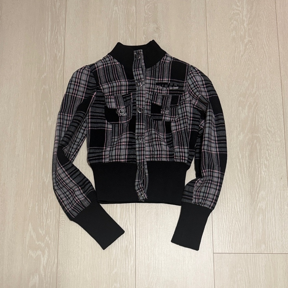 3/$10 Y2K Plaid Bomber Jacket in Black and Gray